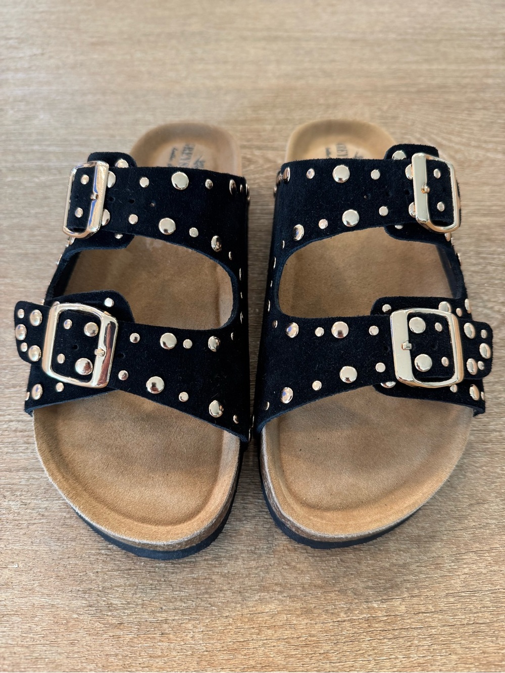 Studded Black Double-Buckle Slide Sandals